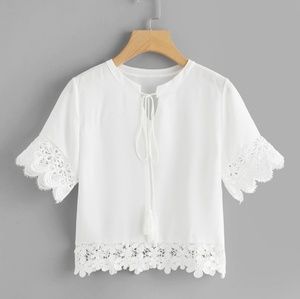 White Lace Hem Tie Neck Top Size S